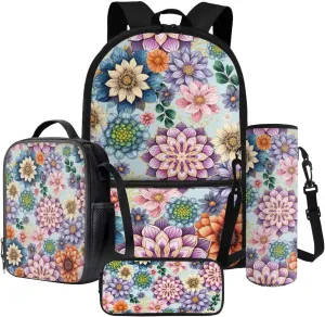 Boho Mandala Floral Pattern School Backpack 4Pcs Set 17" School Bag with Thermal Lunch Bag Pencil Case and Water Bottle Holder Back to School Gift for Kids