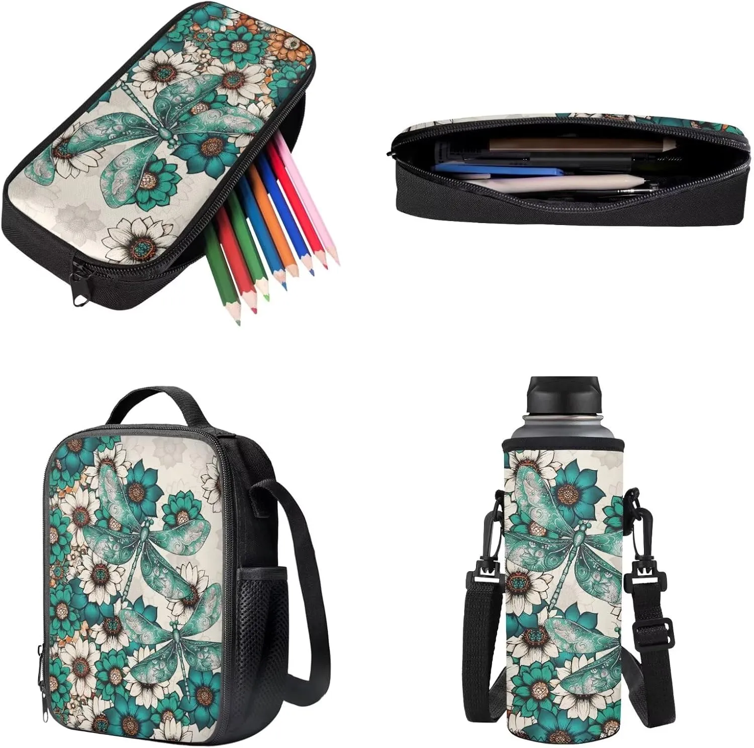 Boho Mandala Green Dragonfly Pattern 4Pcs Backpack Set for Students Large 17 Inch School Bag, Thermal Lunch Bag, Water Bottle Holder, Pen Case, Back to School Supplies