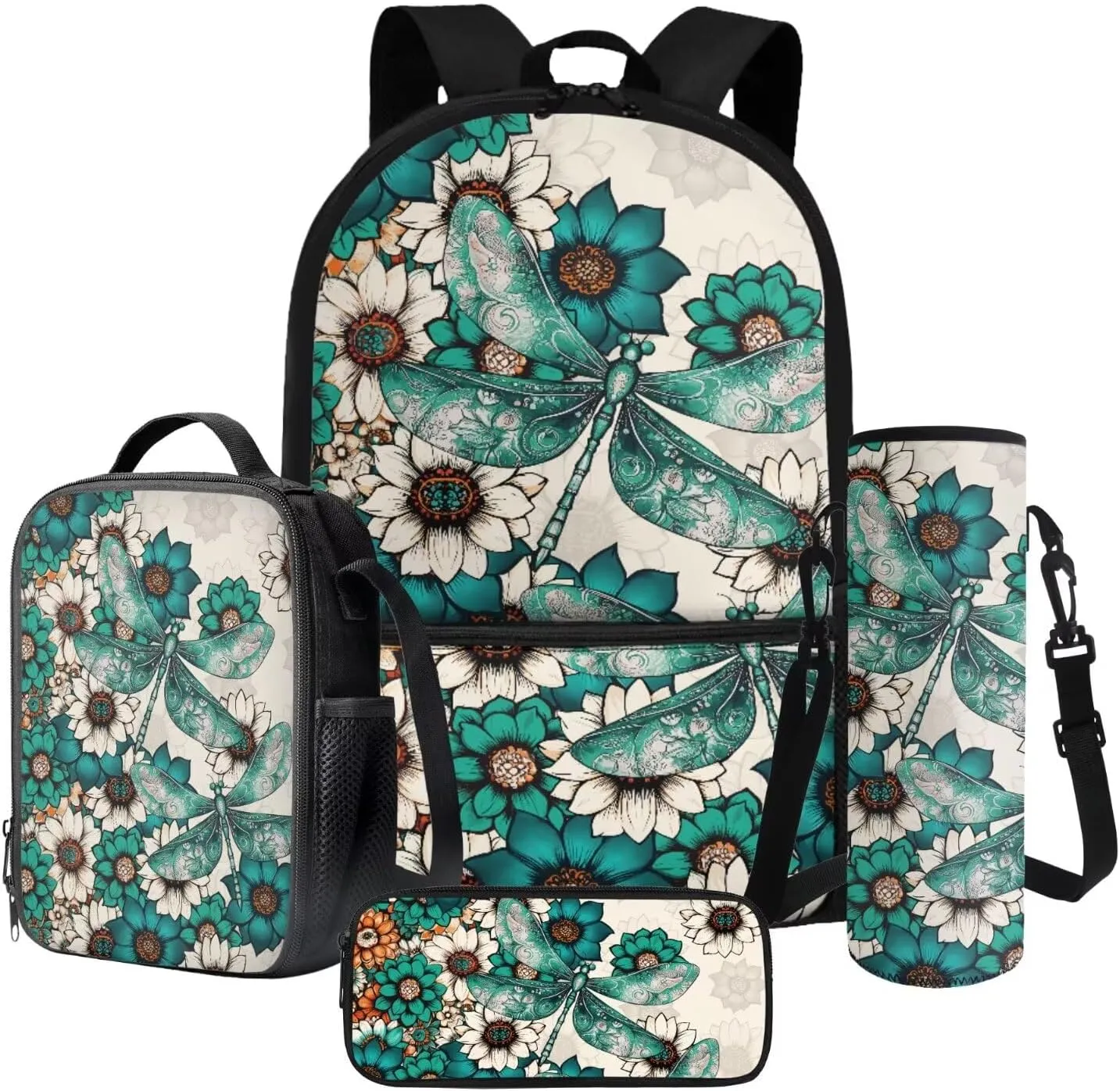 Boho Mandala Green Dragonfly Pattern 4Pcs Backpack Set for Students Large 17 Inch School Bag, Thermal Lunch Bag, Water Bottle Holder, Pen Case, Back to School Supplies