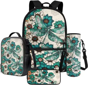 Boho Mandala Green Dragonfly Pattern 4Pcs Backpack Set for Students Large 17 Inch School Bag, Thermal Lunch Bag, Water Bottle Holder, Pen Case, Back to School Supplies