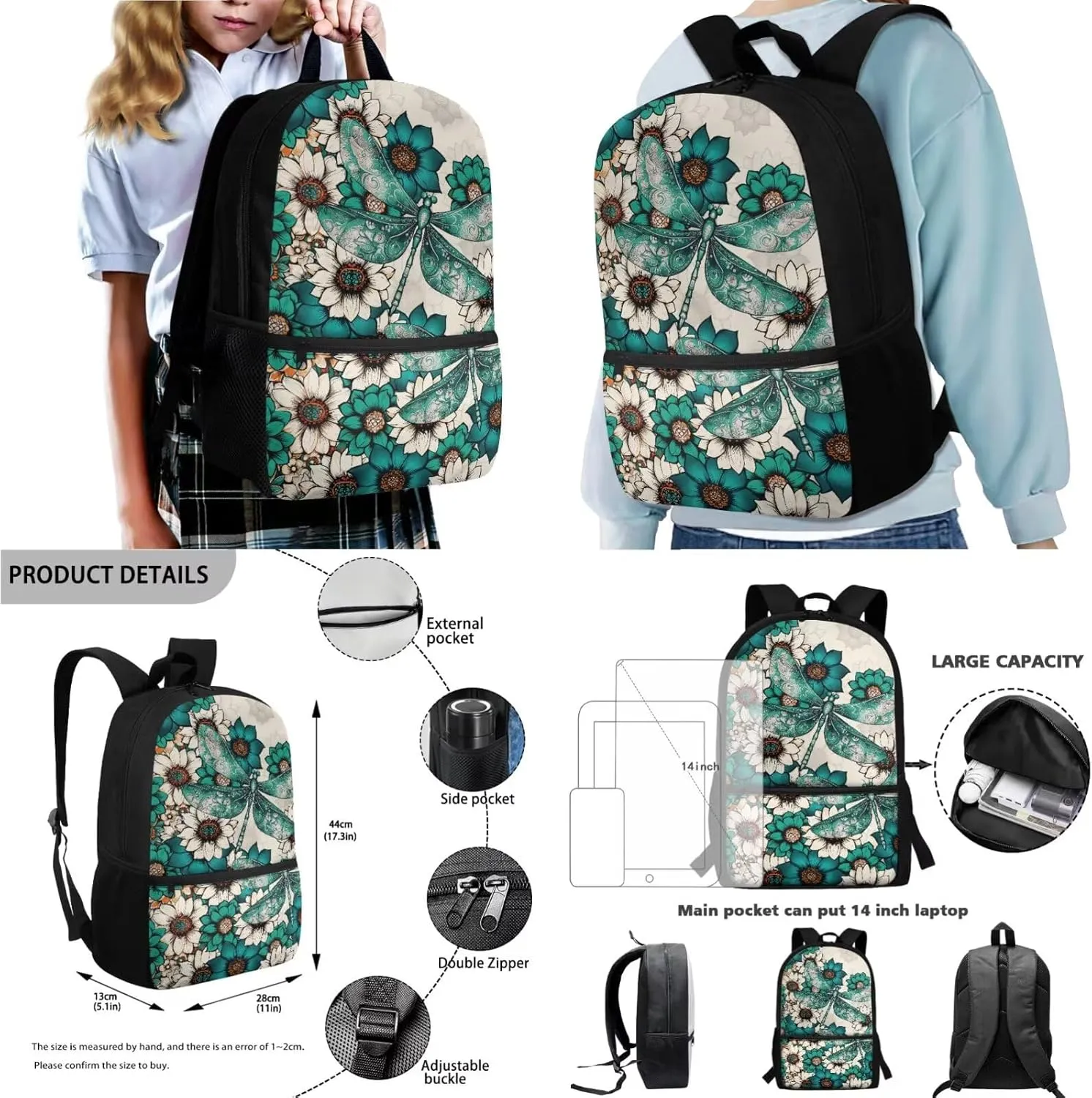 Boho Mandala Green Dragonfly Pattern 4Pcs Backpack Set for Students Large 17 Inch School Bag, Thermal Lunch Bag, Water Bottle Holder, Pen Case, Back to School Supplies