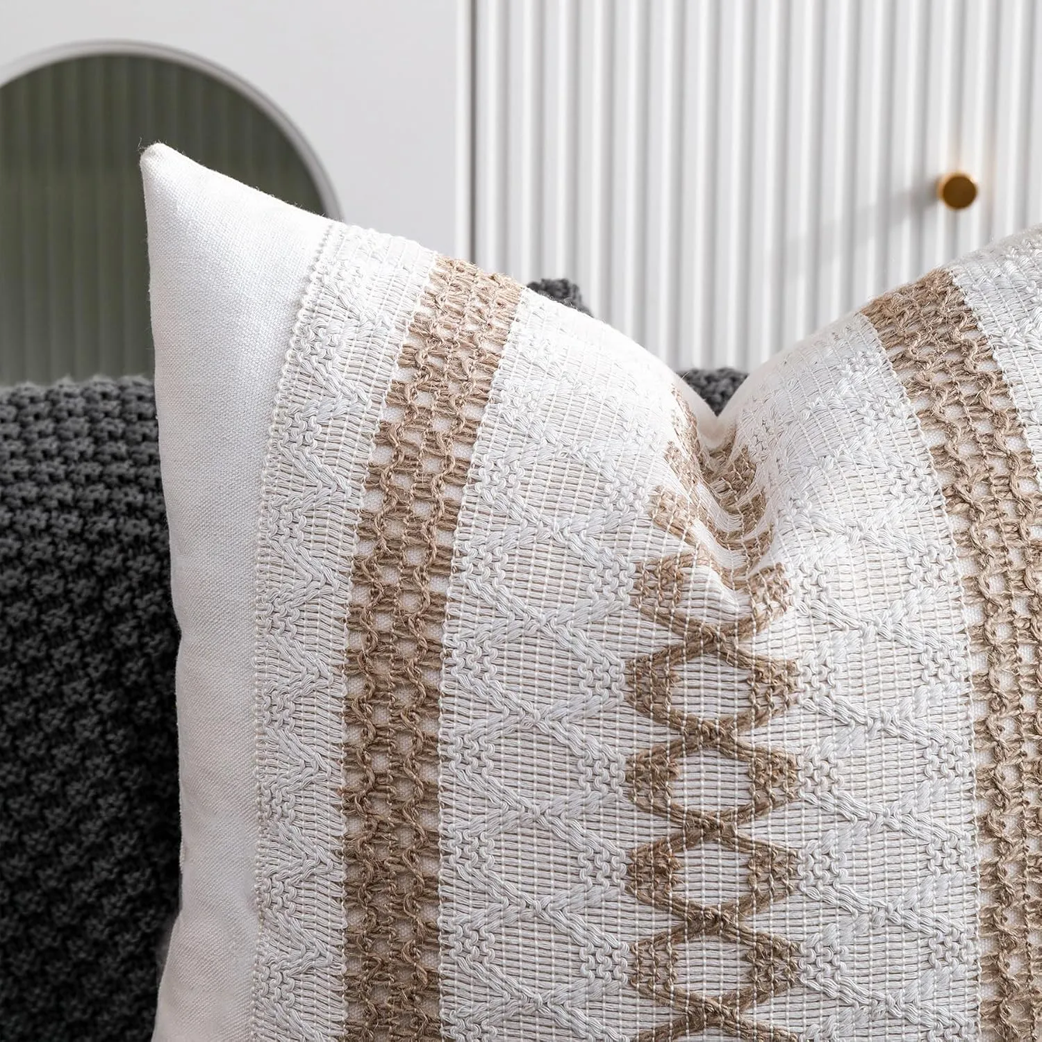 Boho Throw Pillow Covers 20x20 Set of 2 Soft Linen Farmhouse Pillow Covers Rustic Neutral Decorative Pillow Cases for Couch,Bed,Living Room Home Decor