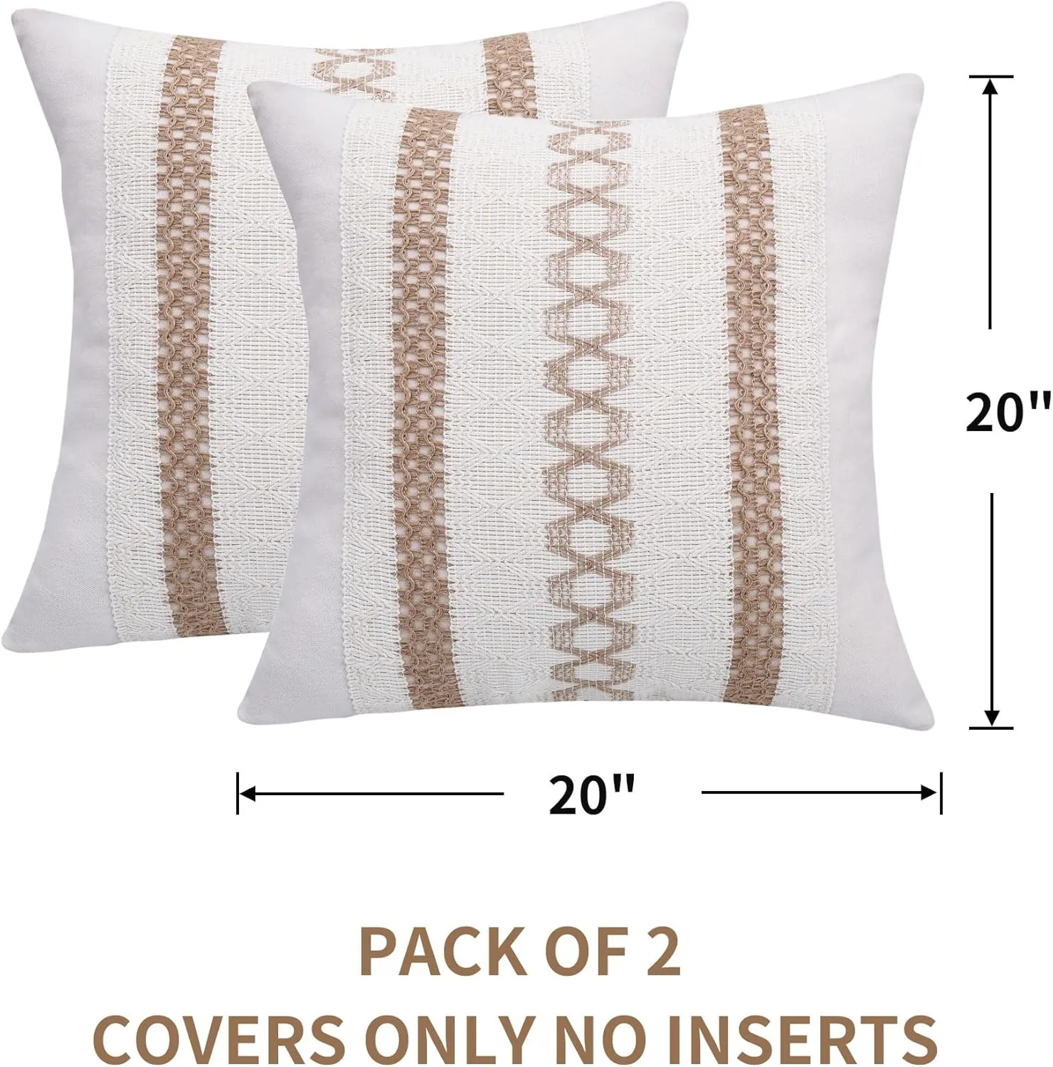 Boho Throw Pillow Covers 20x20 Set of 2 Soft Linen Farmhouse Pillow Covers Rustic Neutral Decorative Pillow Cases for Couch,Bed,Living Room Home Decor