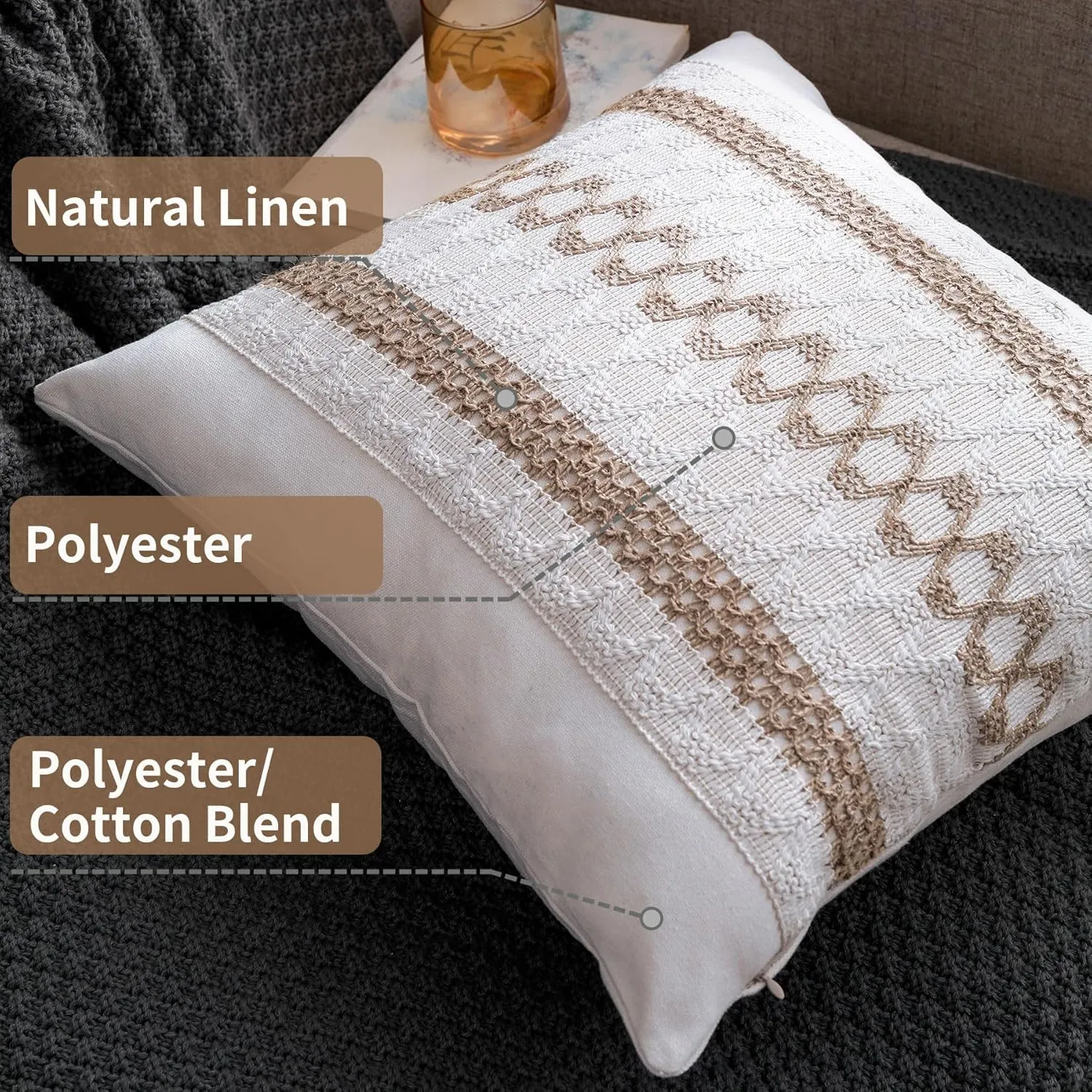 Boho Throw Pillow Covers 20x20 Set of 2 Soft Linen Farmhouse Pillow Covers Rustic Neutral Decorative Pillow Cases for Couch,Bed,Living Room Home Decor
