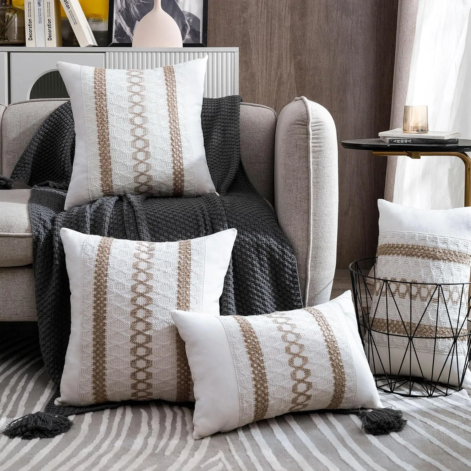 Boho Throw Pillow Covers 20x20 Set of 2 Soft Linen Farmhouse Pillow Covers Rustic Neutral Decorative Pillow Cases for Couch,Bed,Living Room Home Decor