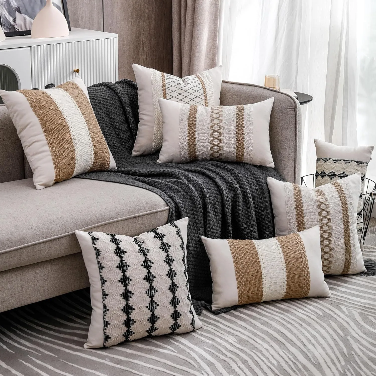Boho Throw Pillow Covers 20x20 Set of 2 Soft Linen Farmhouse Pillow Covers Rustic Neutral Decorative Pillow Cases for Couch,Bed,Living Room Home Decor