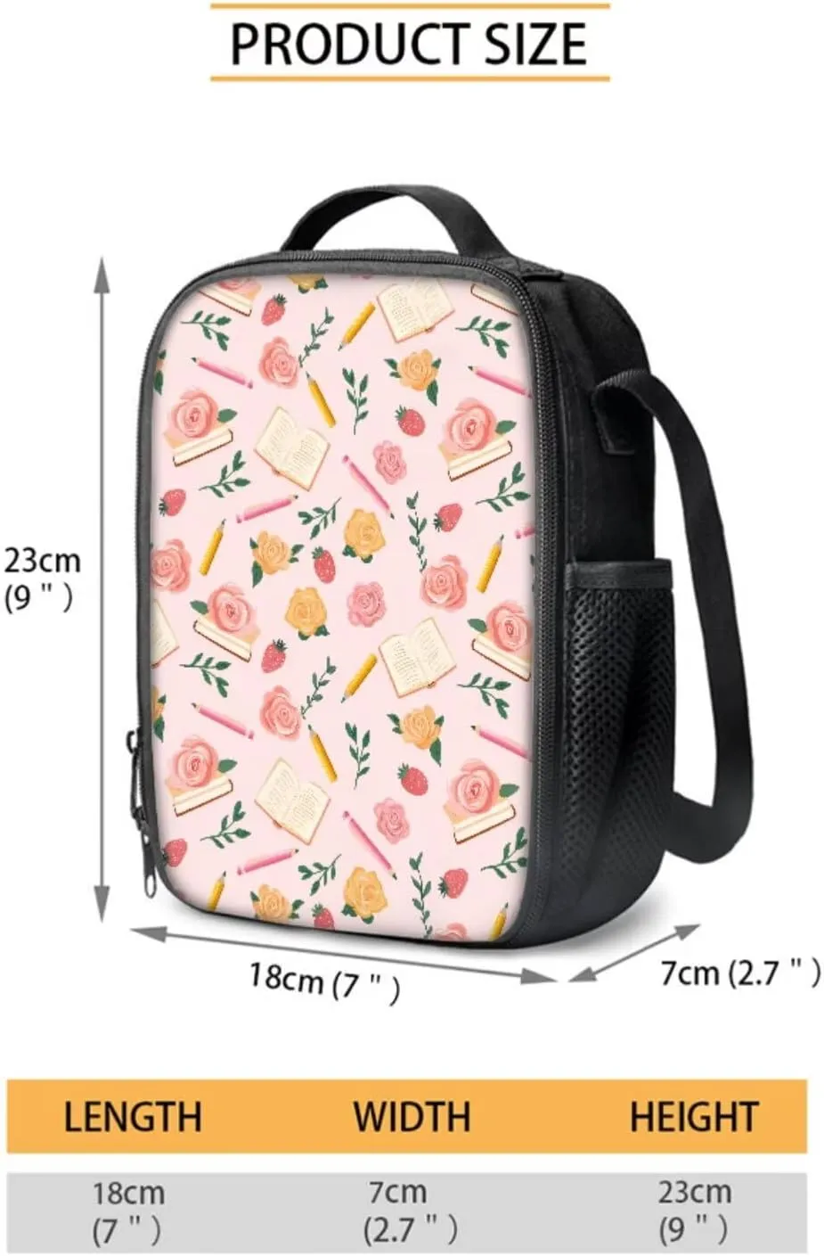 Books Pencils Rose Pink Pattern Large Backpack Thermal Lunch Bag Pen Case and Water Bottle Holder 4Pcs Kids Student School Bag Sets Back to School Supplies
