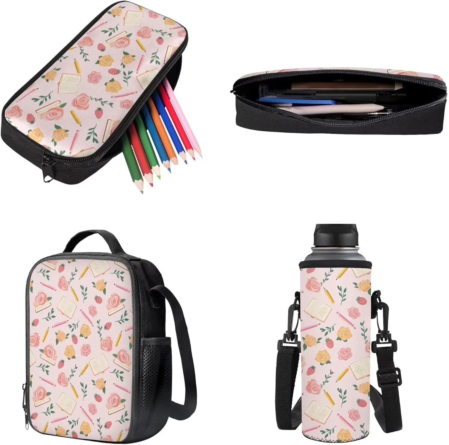 Books Pencils Rose Pink Pattern Large Backpack Thermal Lunch Bag Pen Case and Water Bottle Holder 4Pcs Kids Student School Bag Sets Back to School Supplies