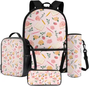 Books Pencils Rose Pink Pattern Large Backpack Thermal Lunch Bag Pen Case and Water Bottle Holder 4Pcs Kids Student School Bag Sets Back to School Supplies