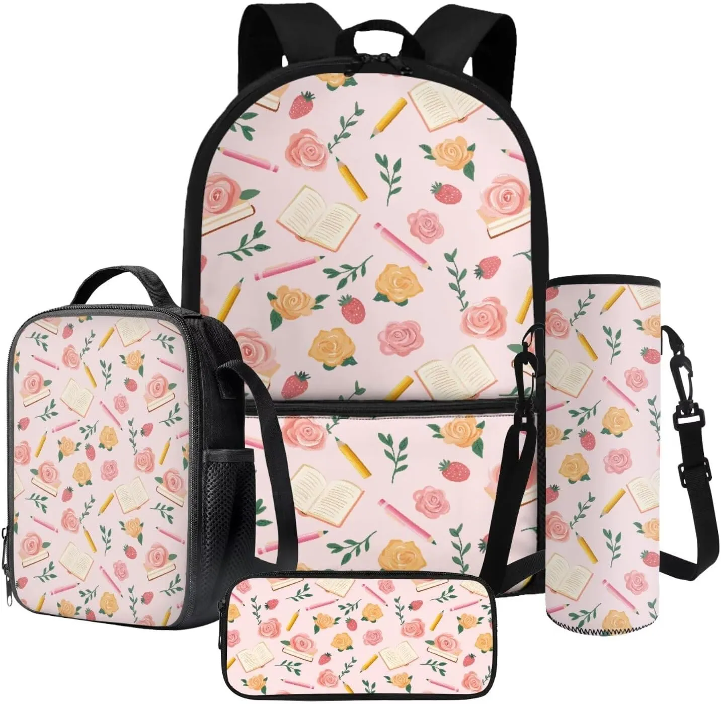 Books Pencils Rose Pink Pattern Large Backpack Thermal Lunch Bag Pen Case and Water Bottle Holder 4Pcs Kids Student School Bag Sets Back to School Supplies