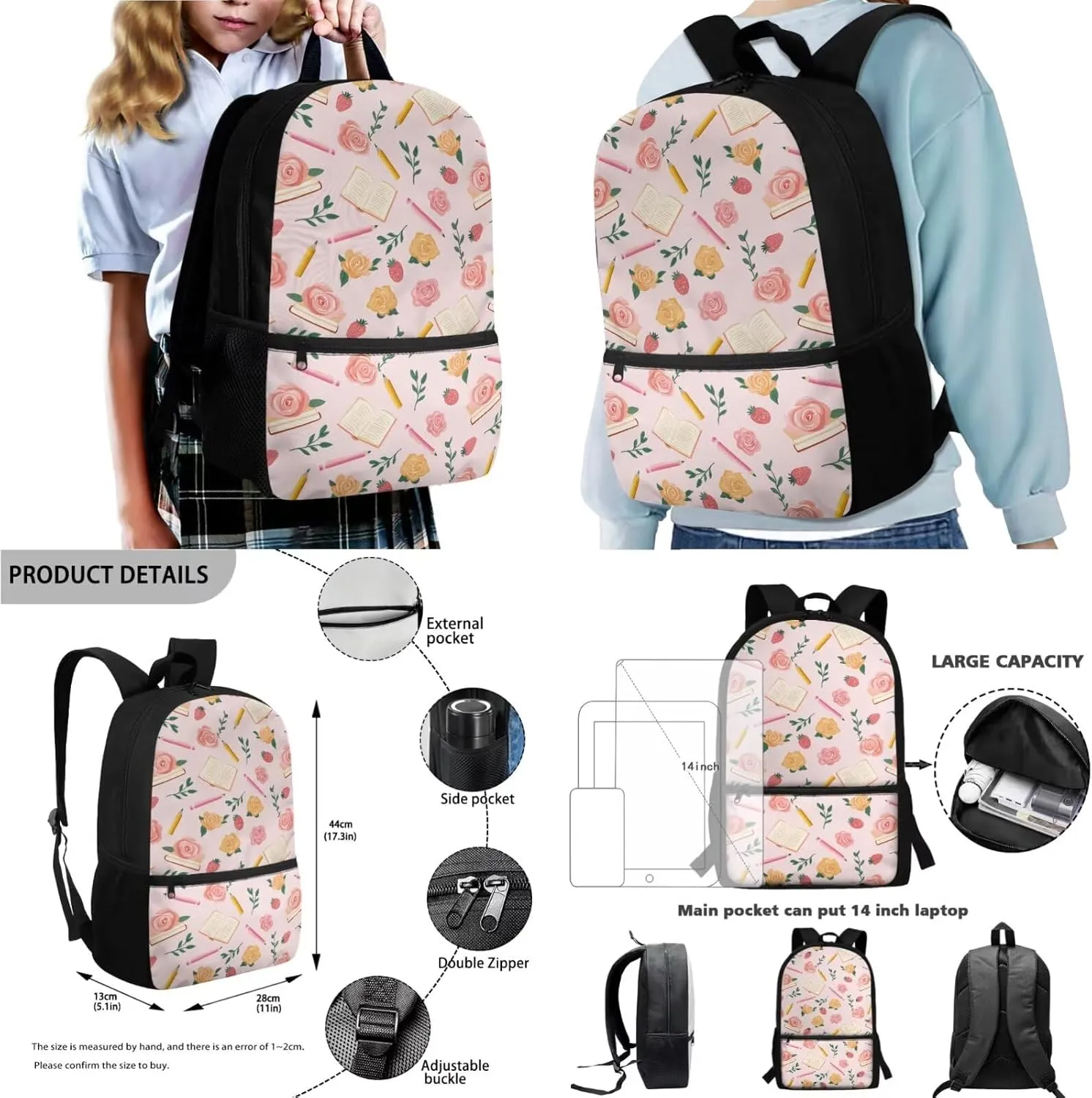 Books Pencils Rose Pink Pattern Large Backpack Thermal Lunch Bag Pen Case and Water Bottle Holder 4Pcs Kids Student School Bag Sets Back to School Supplies