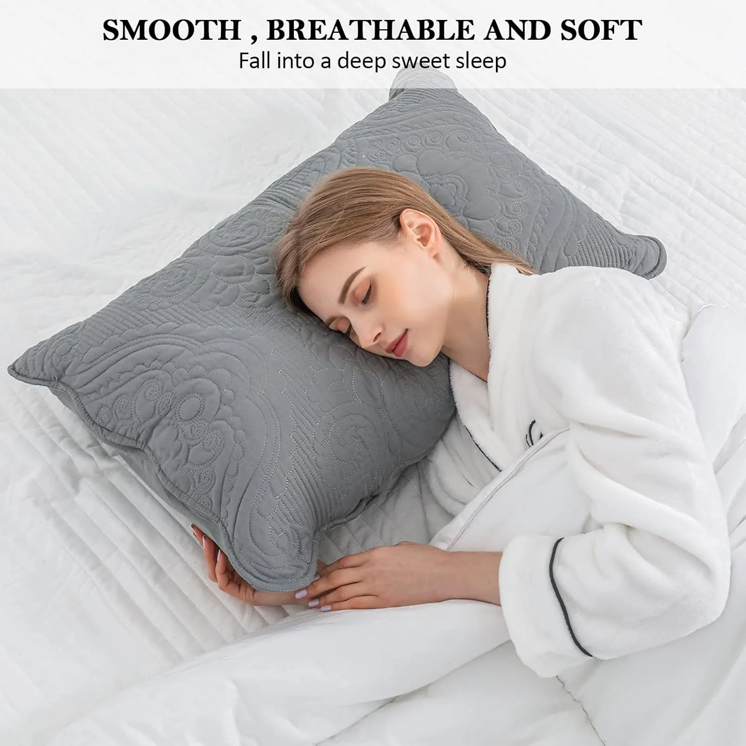 BOSOWOS Quilted Pillow Shams Set of 2, Decorative Microfiber King Bed Pillow Shams, Soft Breathable Pillow Covers with Envelope Closure (Grey, 2Pcs:20 x 36inch)