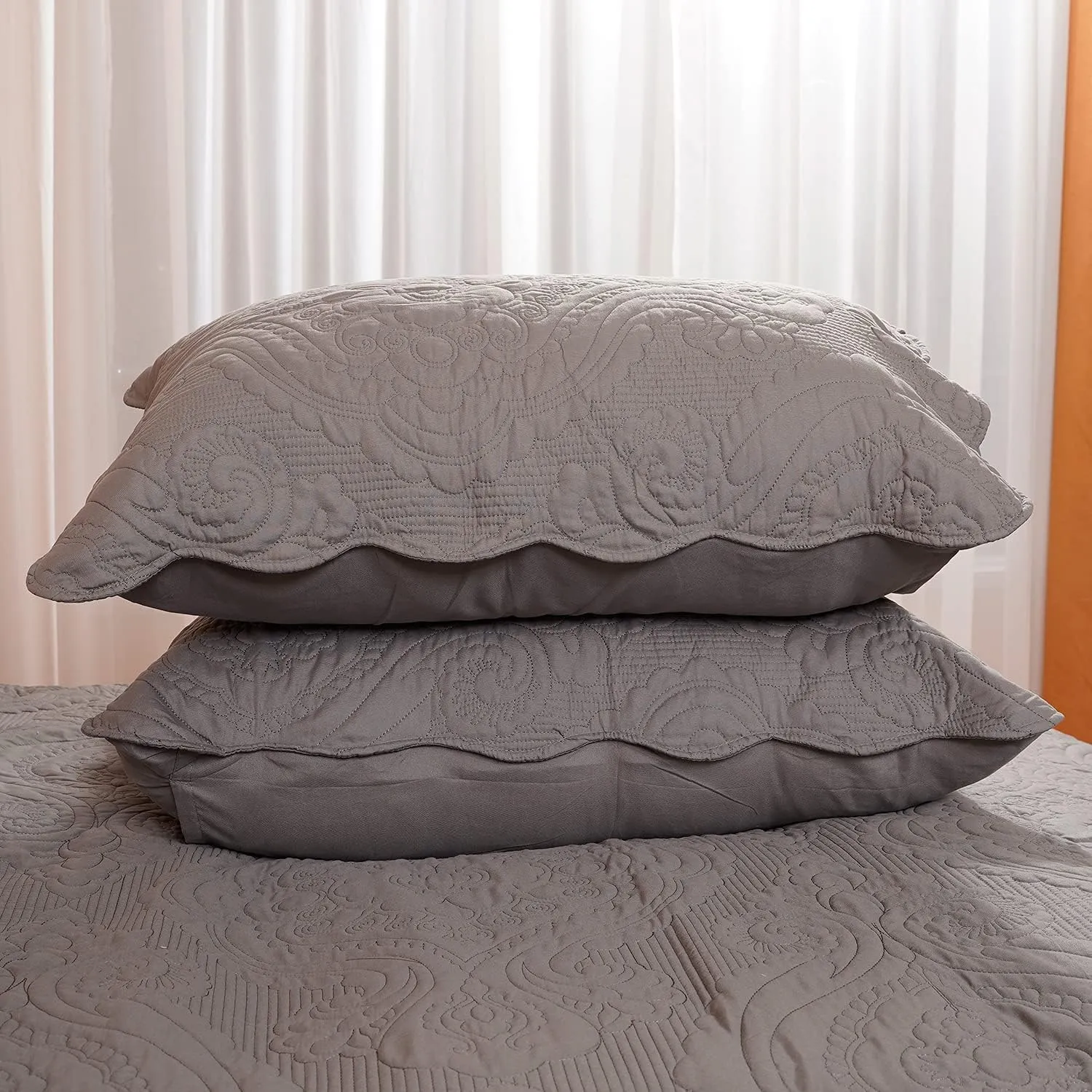 BOSOWOS Quilted Pillow Shams Set of 2, Decorative Microfiber King Bed Pillow Shams, Soft Breathable Pillow Covers with Envelope Closure (Grey, 2Pcs:20 x 36inch)