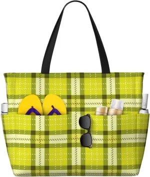 Bright Lime Green, Tartan Twill Plaid Beach Bag Women Tote Bag Pool Bag With Zipper For Gym Grocery Travel With Wet Pocket