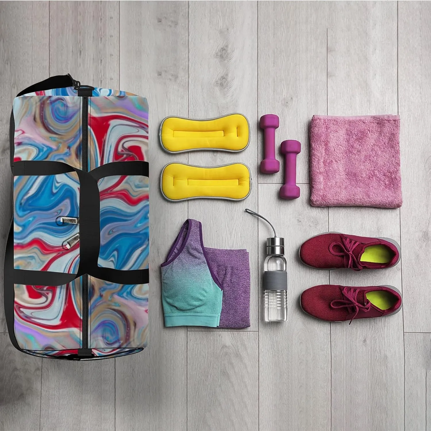 Bright Liquid Art Sports Duffel Bag Travel Gym Tote Bags Lightweight Durable Shoulder Strap Waterproof Polyester Outside Mesh Pocket Overnight Trip Duffel Bag for Women Men