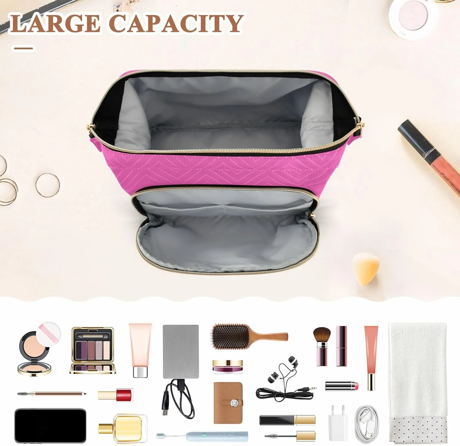 Bright Pink Makeup Bag Travel Toiletry Bag Make Up Bags Cosmetic Bag Pouch Large Makeup Case Box Bag Organizer Skincare Bag for Purse Women Men Toiletries Sports Trip Adults