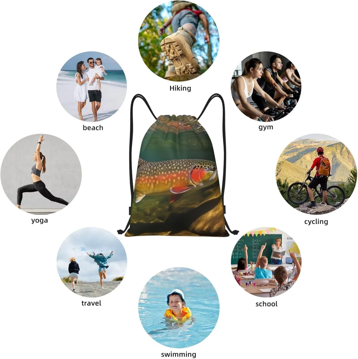 Brook Trout Fly Fishing Drawstring Backpack Waterproof String Bag Sports Sackpack Gym Bags for Men Women