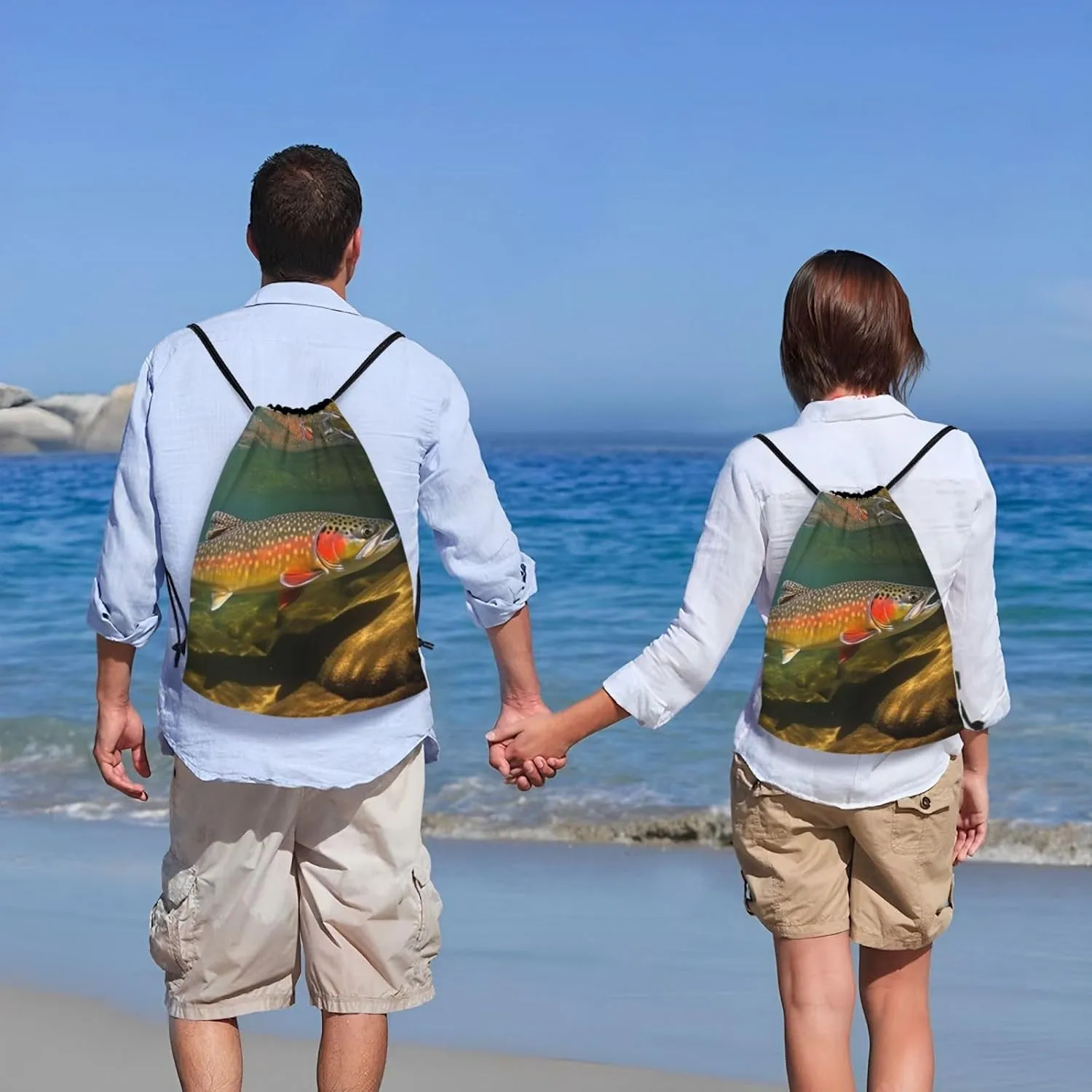 Brook Trout Fly Fishing Drawstring Backpack Waterproof String Bag Sports Sackpack Gym Bags for Men Women