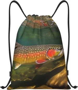 Brook Trout Fly Fishing Drawstring Backpack Waterproof String Bag Sports Sackpack Gym Bags for Men Women