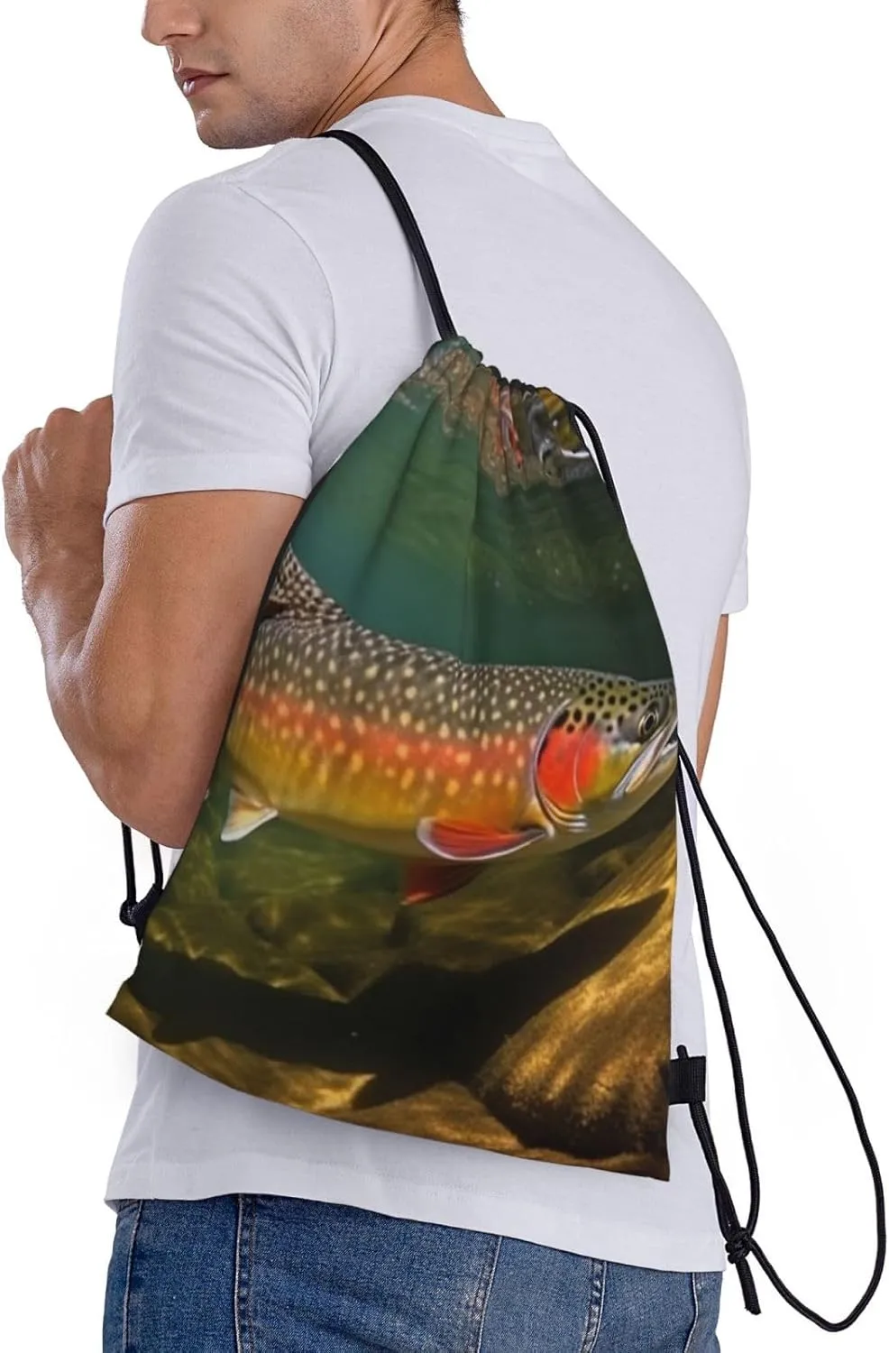 Brook Trout Fly Fishing Drawstring Backpack Waterproof String Bag Sports Sackpack Gym Bags for Men Women
