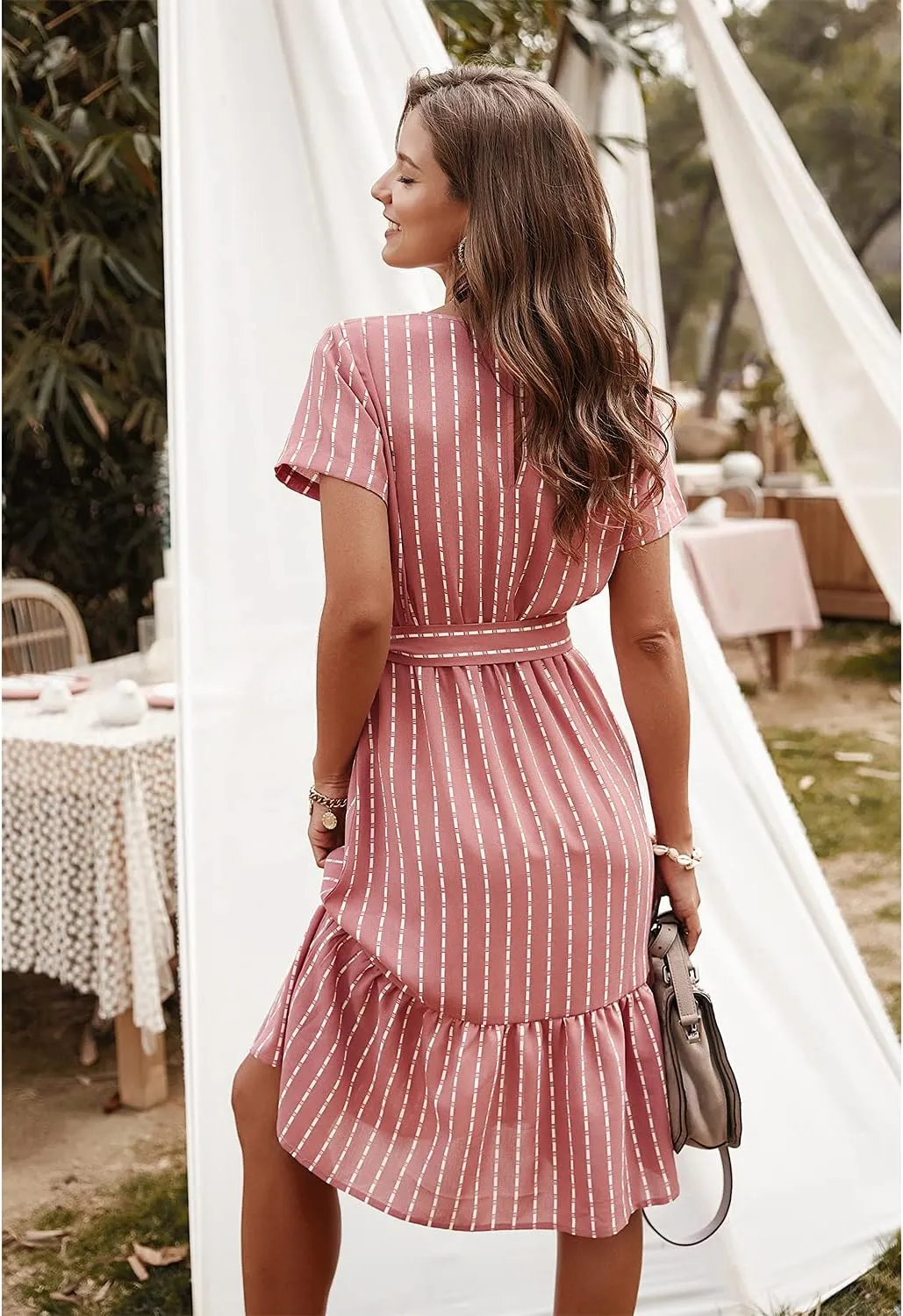BROVAVE Women's Summer Short Sleeve V-Neck Striped Dress Tie Waist Casual Work Office Midi Dress