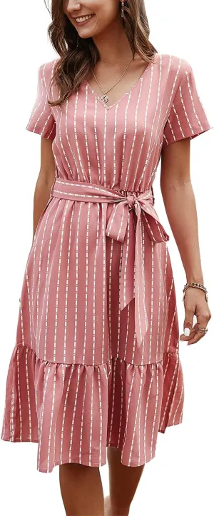BROVAVE Women's Summer Short Sleeve V-Neck Striped Dress Tie Waist Casual Work Office Midi Dress