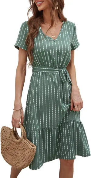 BROVAVE Women's Summer Short Sleeve V-Neck Striped Dress Tie Waist Casual Work Office Midi Dress