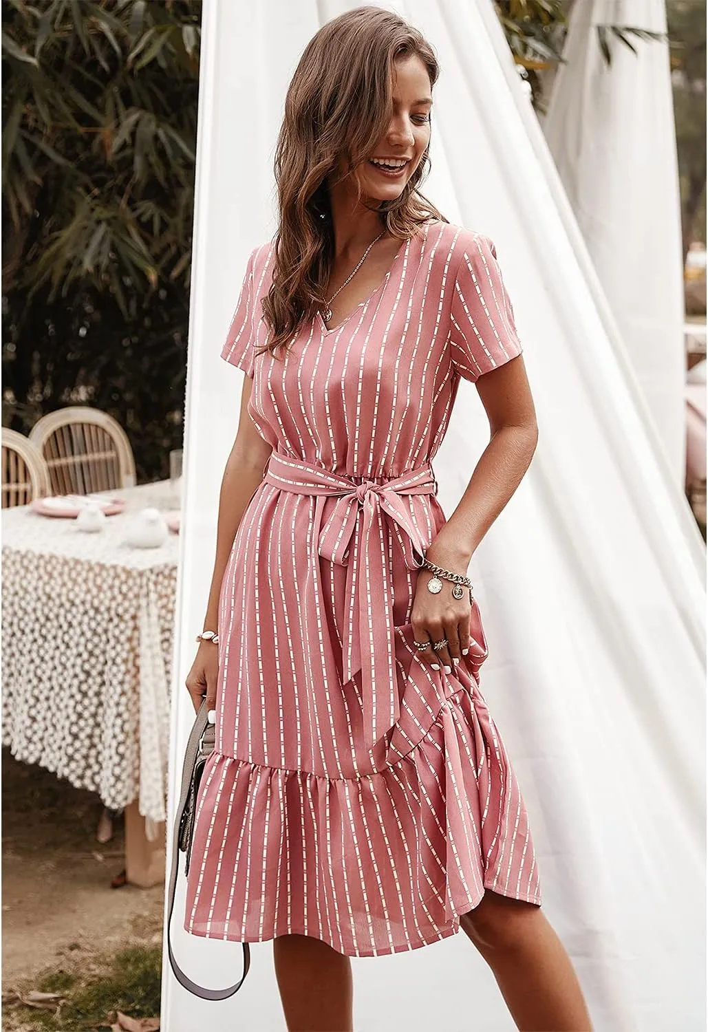 BROVAVE Women's Summer Short Sleeve V-Neck Striped Dress Tie Waist Casual Work Office Midi Dress