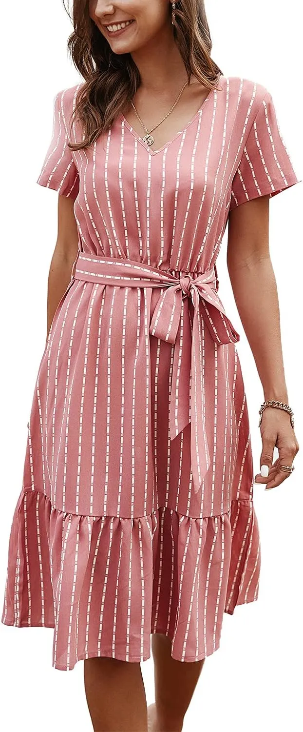 BROVAVE Women's Summer Short Sleeve V-Neck Striped Dress Tie Waist Casual Work Office Midi Dress