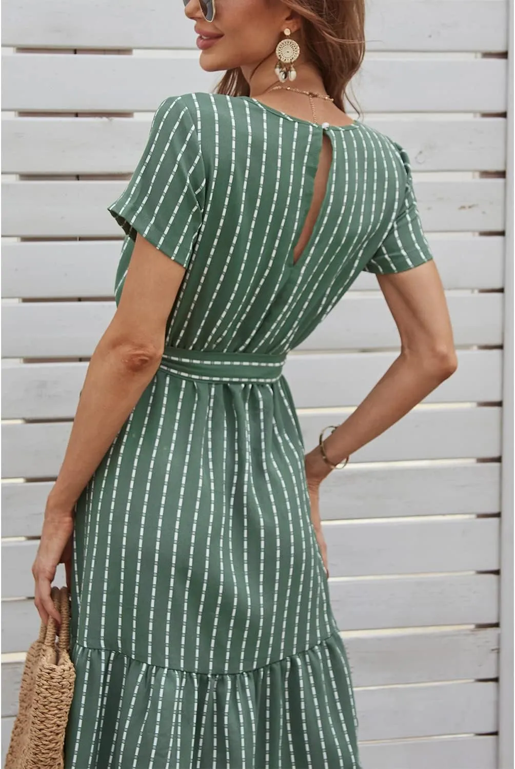 BROVAVE Women's Summer Short Sleeve V-Neck Striped Dress Tie Waist Casual Work Office Midi Dress