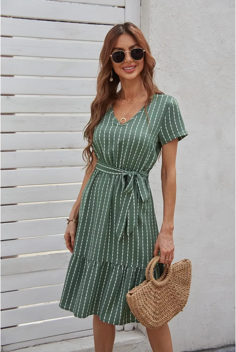 BROVAVE Women's Summer Short Sleeve V-Neck Striped Dress Tie Waist Casual Work Office Midi Dress