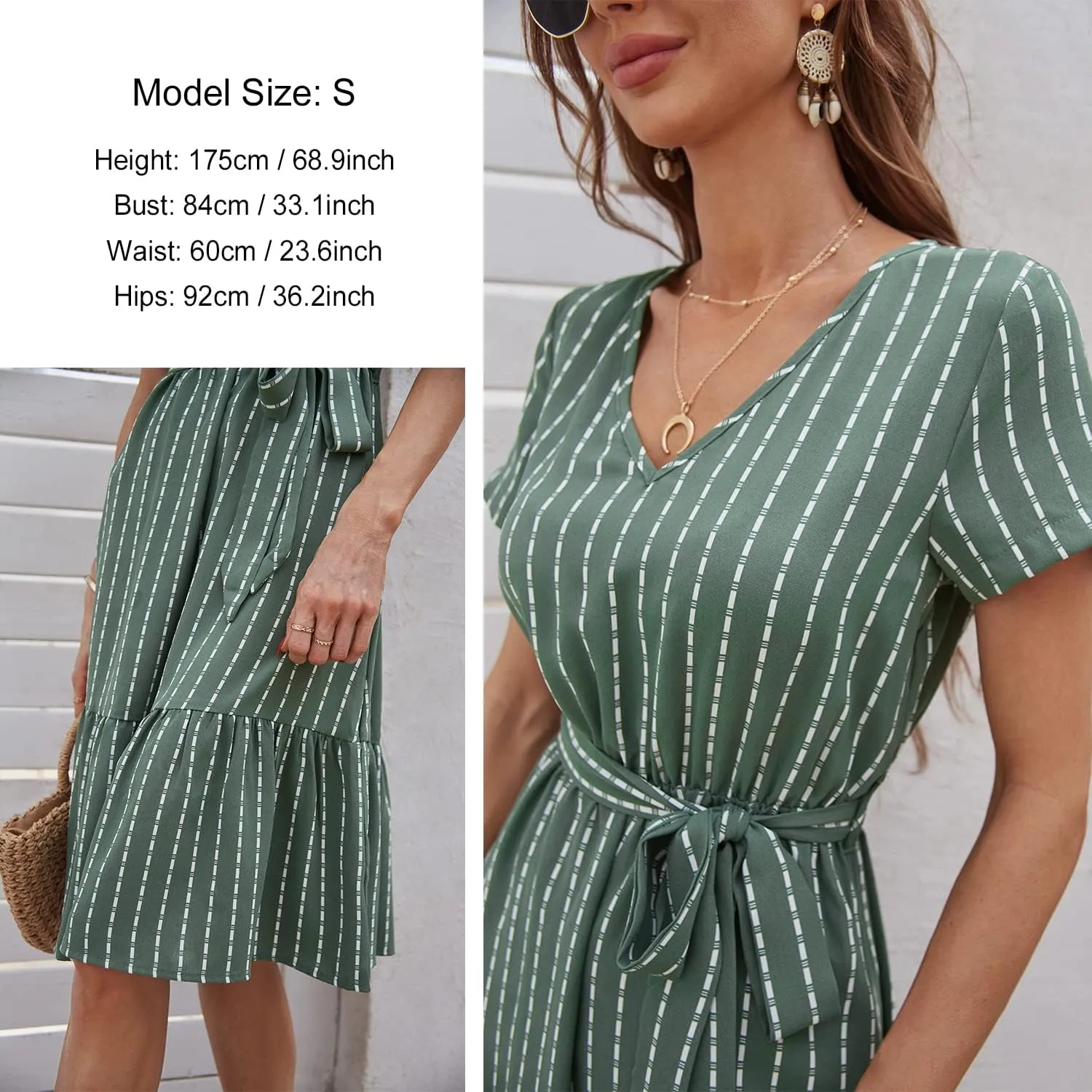 BROVAVE Women's Summer Short Sleeve V-Neck Striped Dress Tie Waist Casual Work Office Midi Dress