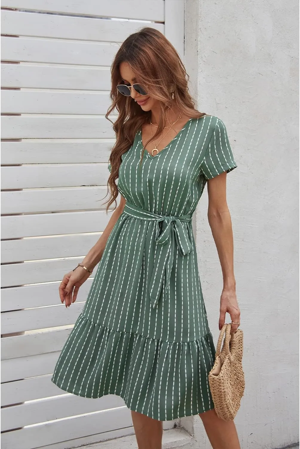 BROVAVE Women's Summer Short Sleeve V-Neck Striped Dress Tie Waist Casual Work Office Midi Dress