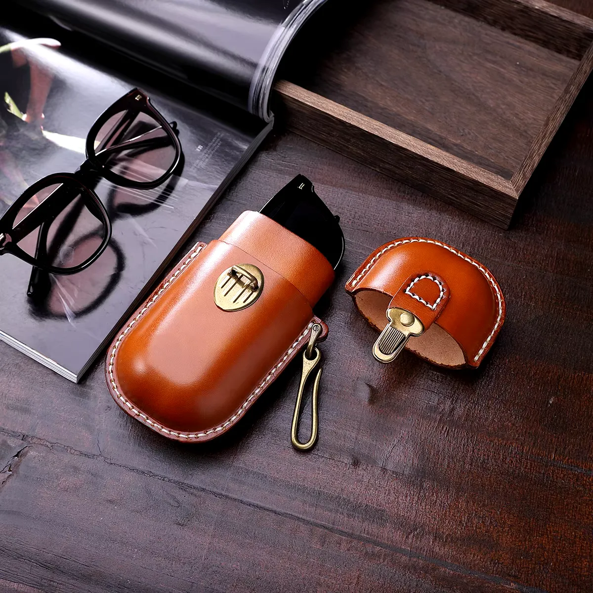 Brown Cowhide Leather Hard Shell Eyeglass Case