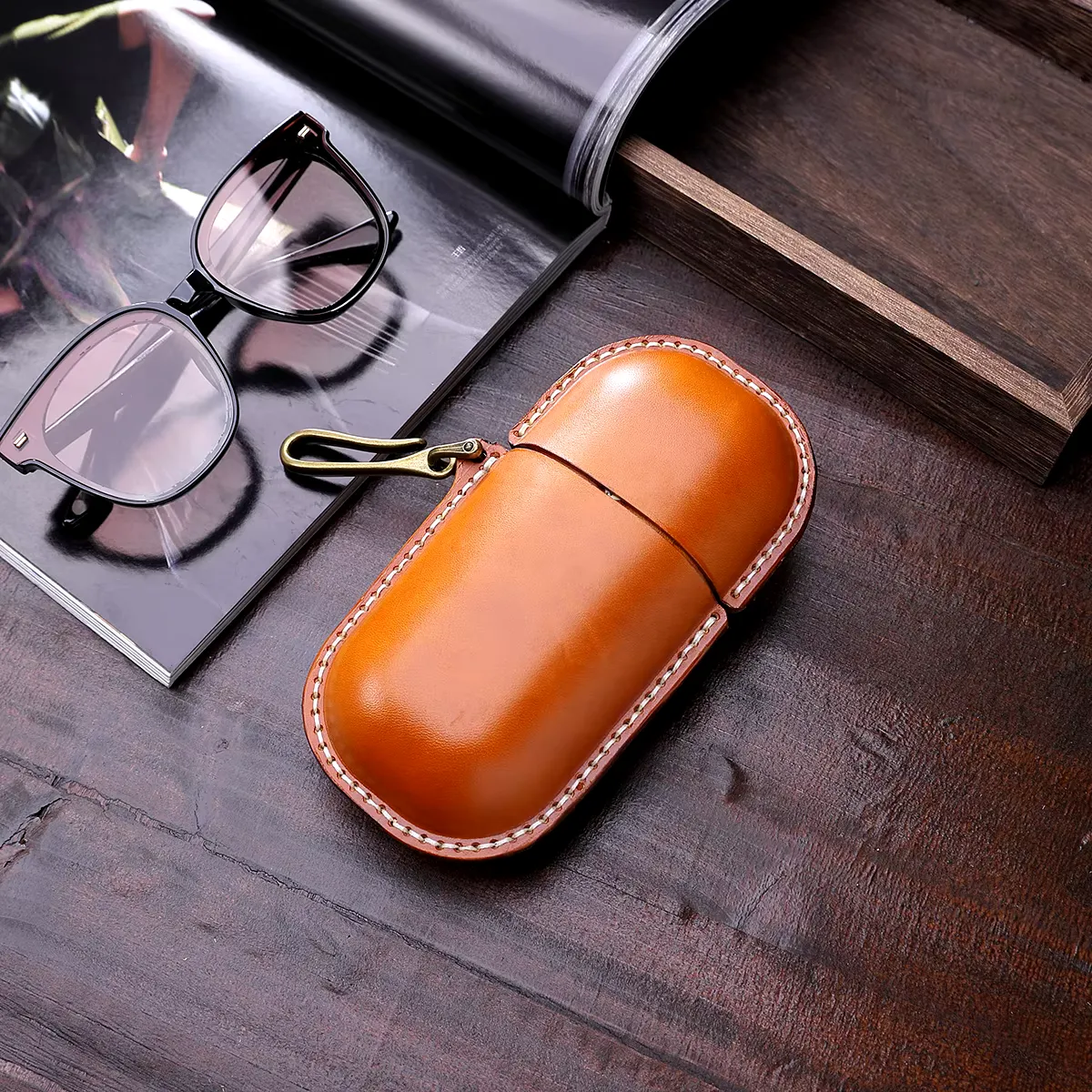 Brown Cowhide Leather Hard Shell Eyeglass Case