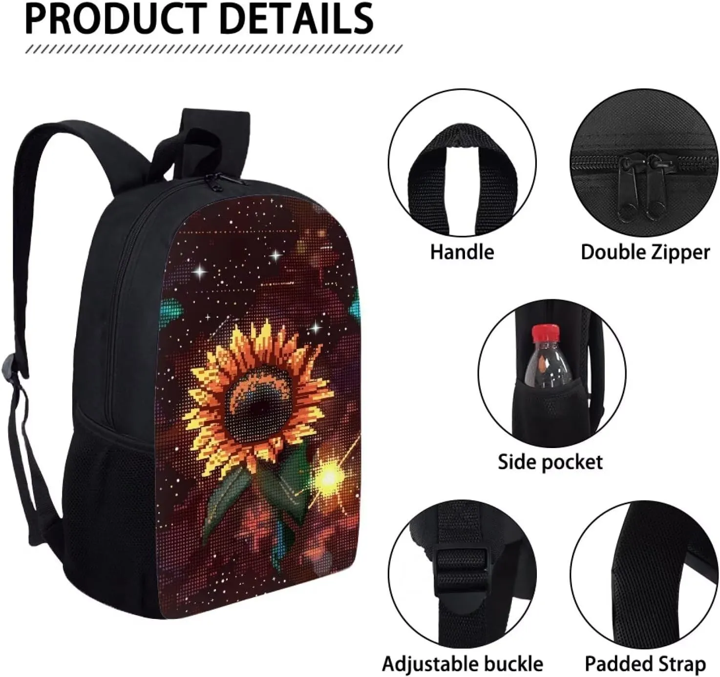 Brown Pixel Sunflowers A Print Pixel Art 17 Inch Backpack for Students，Teenager Bag，School Travel Hiking Daily Use