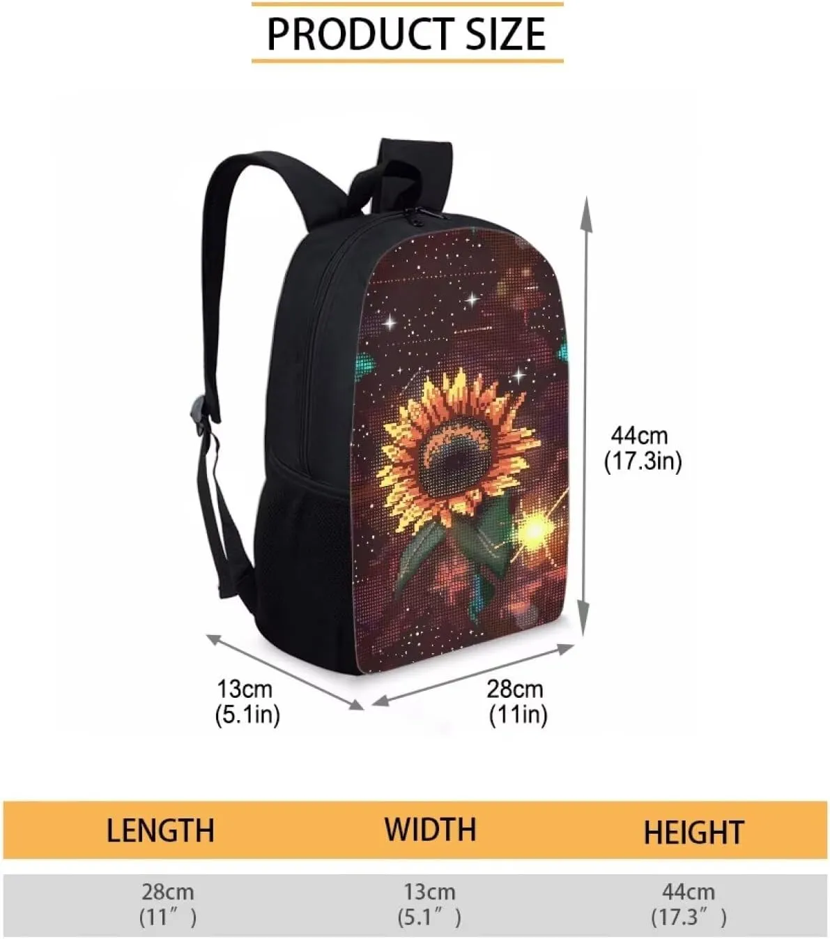 Brown Pixel Sunflowers A Print Pixel Art 17 Inch Backpack for Students，Teenager Bag，School Travel Hiking Daily Use
