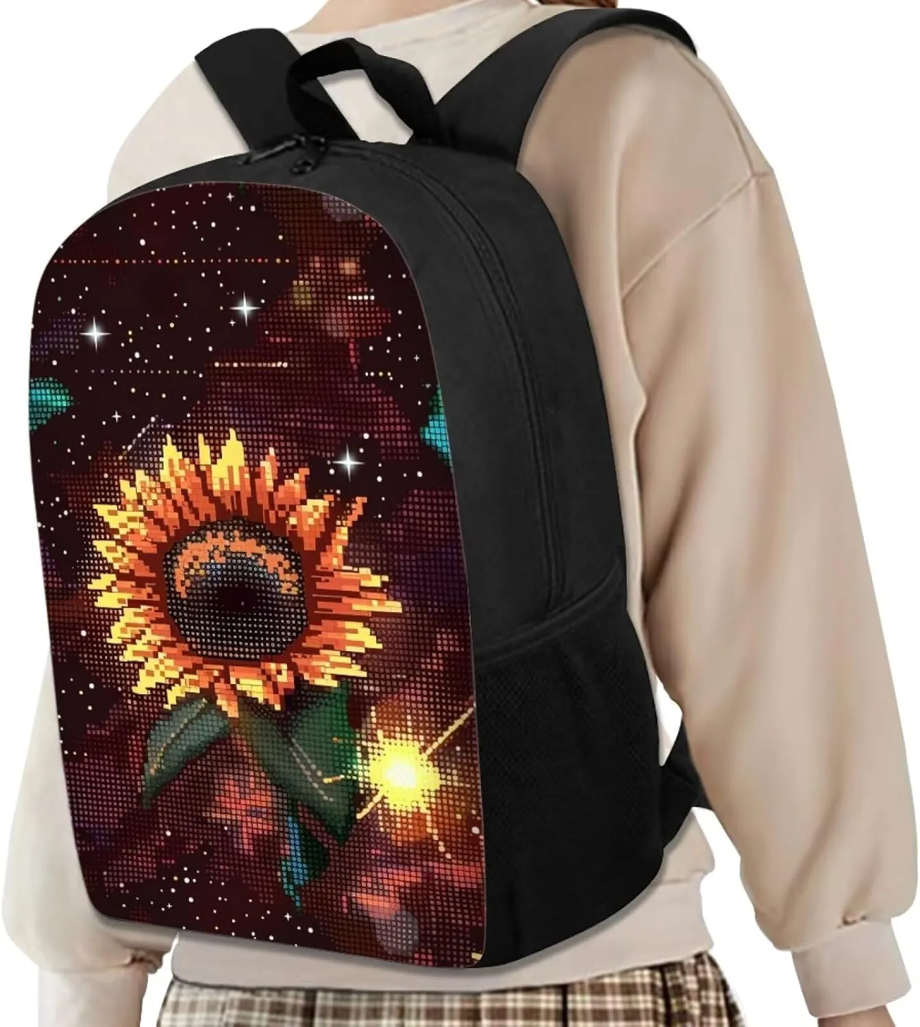 Brown Pixel Sunflowers A Print Pixel Art 17 Inch Backpack for Students，Teenager Bag，School Travel Hiking Daily Use