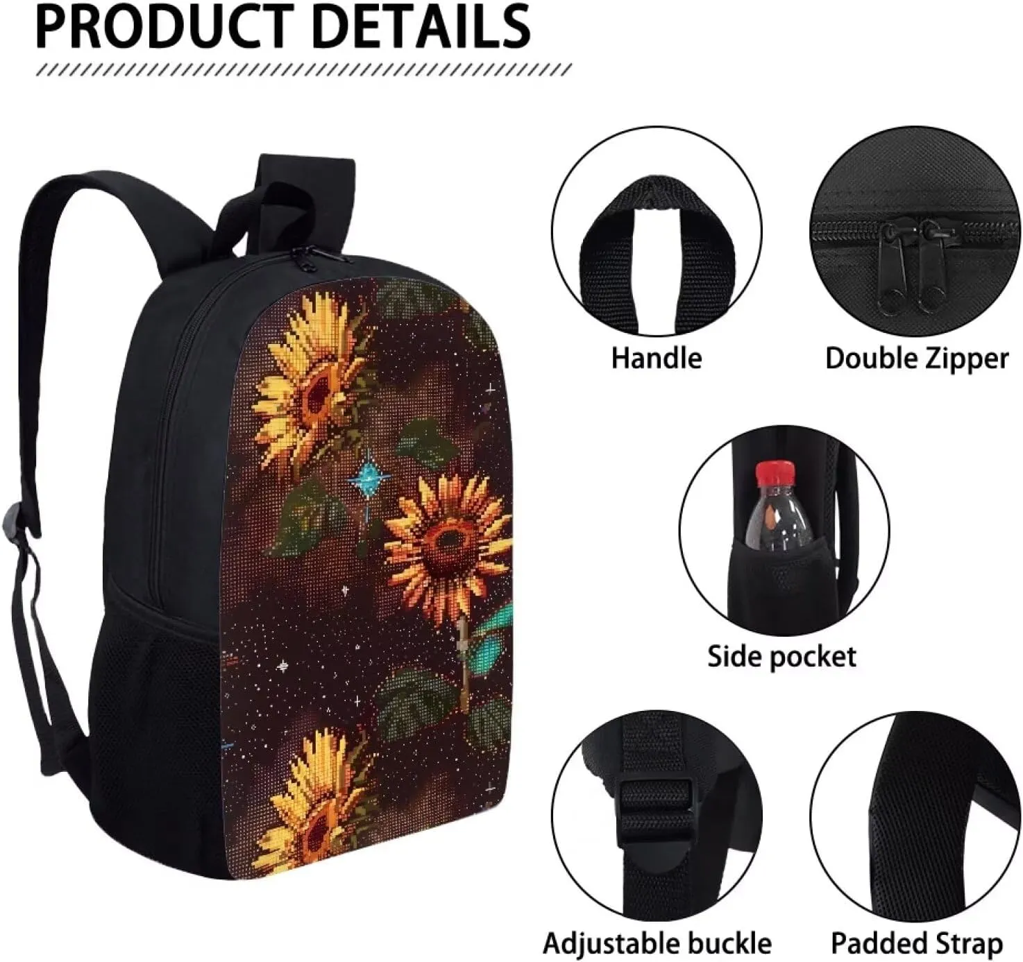 Brown Pixel Sunflowers B Print Pixel Art 17 Inch Backpack for Students，Teenager Bag，School Travel Hiking Daily Use