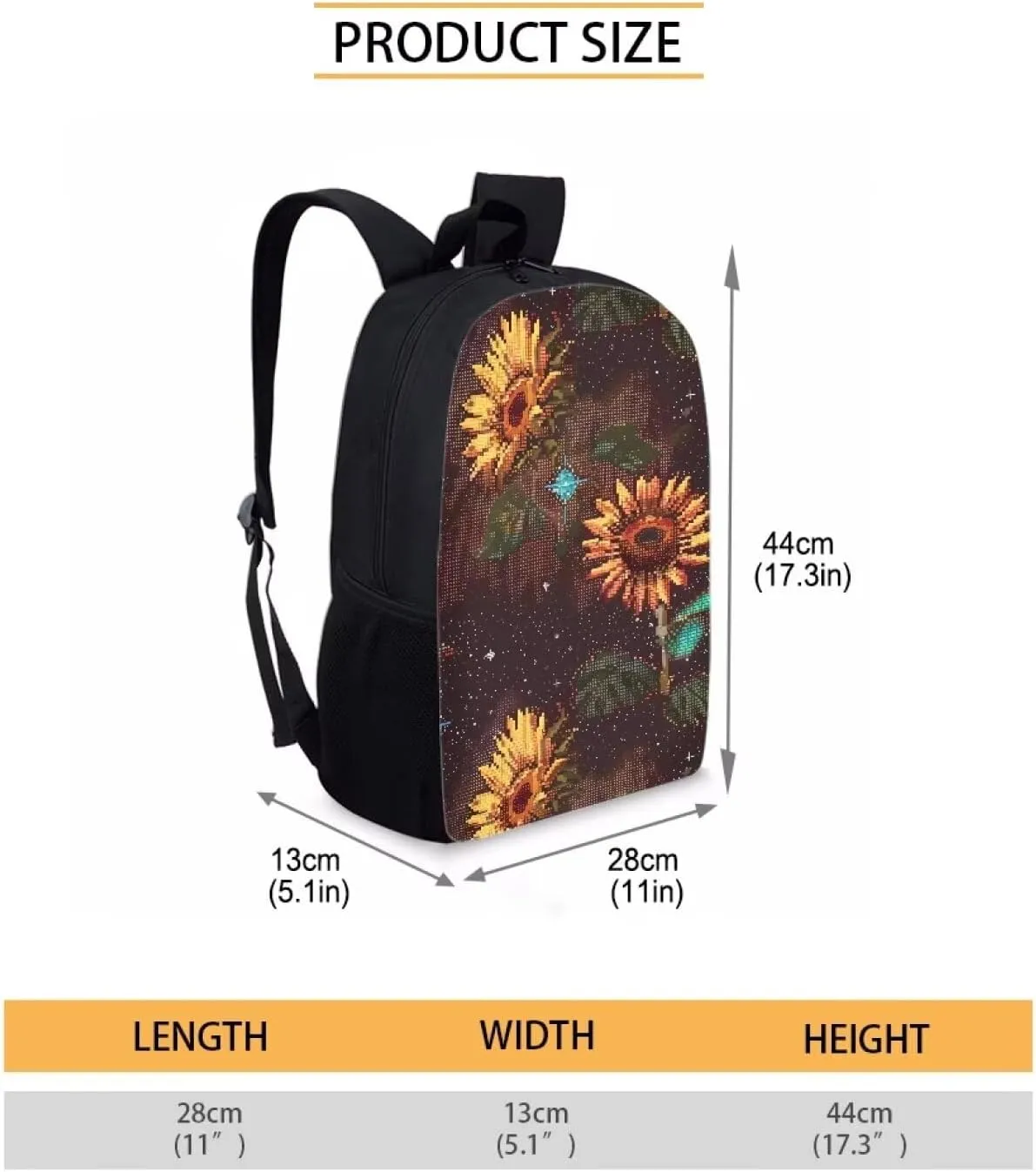 Brown Pixel Sunflowers B Print Pixel Art 17 Inch Backpack for Students，Teenager Bag，School Travel Hiking Daily Use