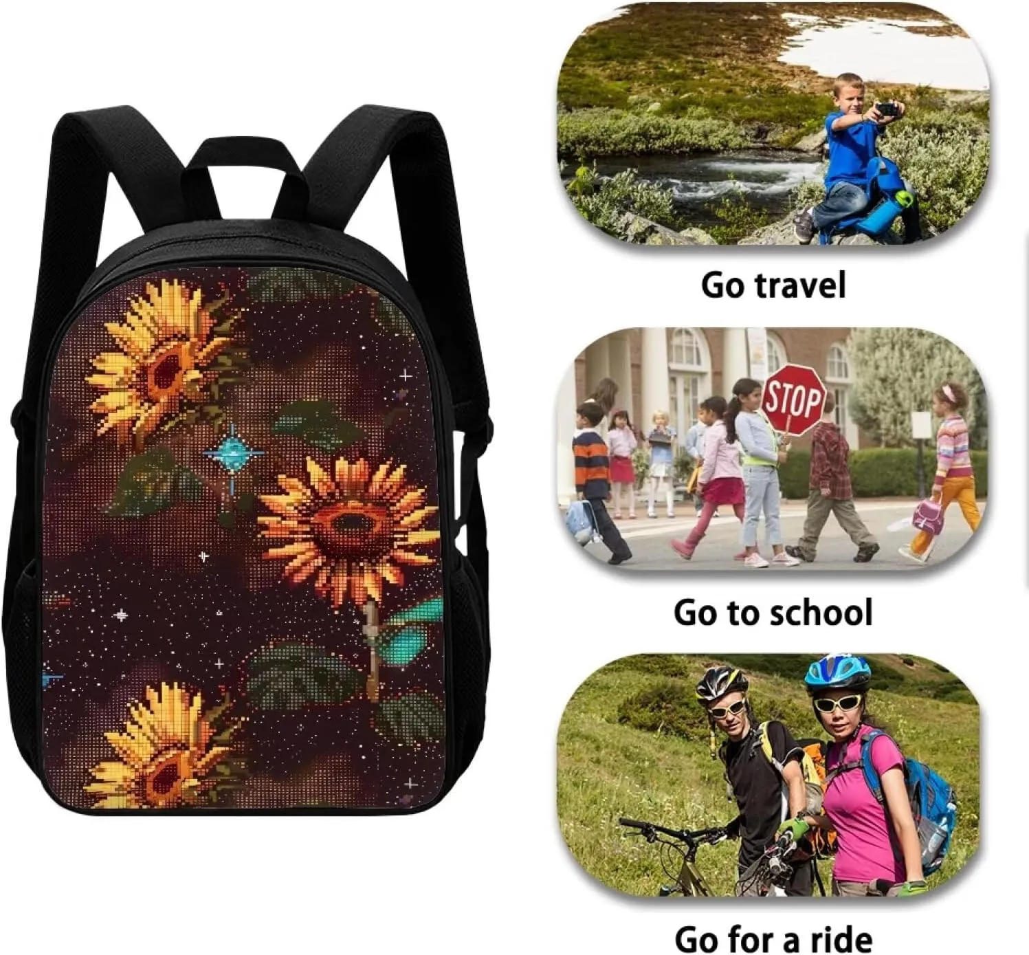 Brown Pixel Sunflowers B Print Pixel Art 17 Inch Backpack for Students，Teenager Bag，School Travel Hiking Daily Use