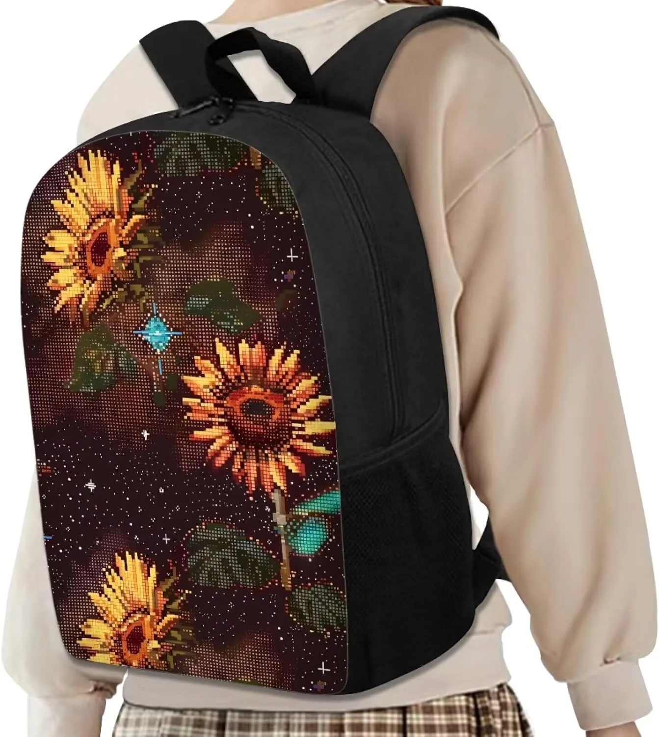 Brown Pixel Sunflowers B Print Pixel Art 17 Inch Backpack for Students，Teenager Bag，School Travel Hiking Daily Use