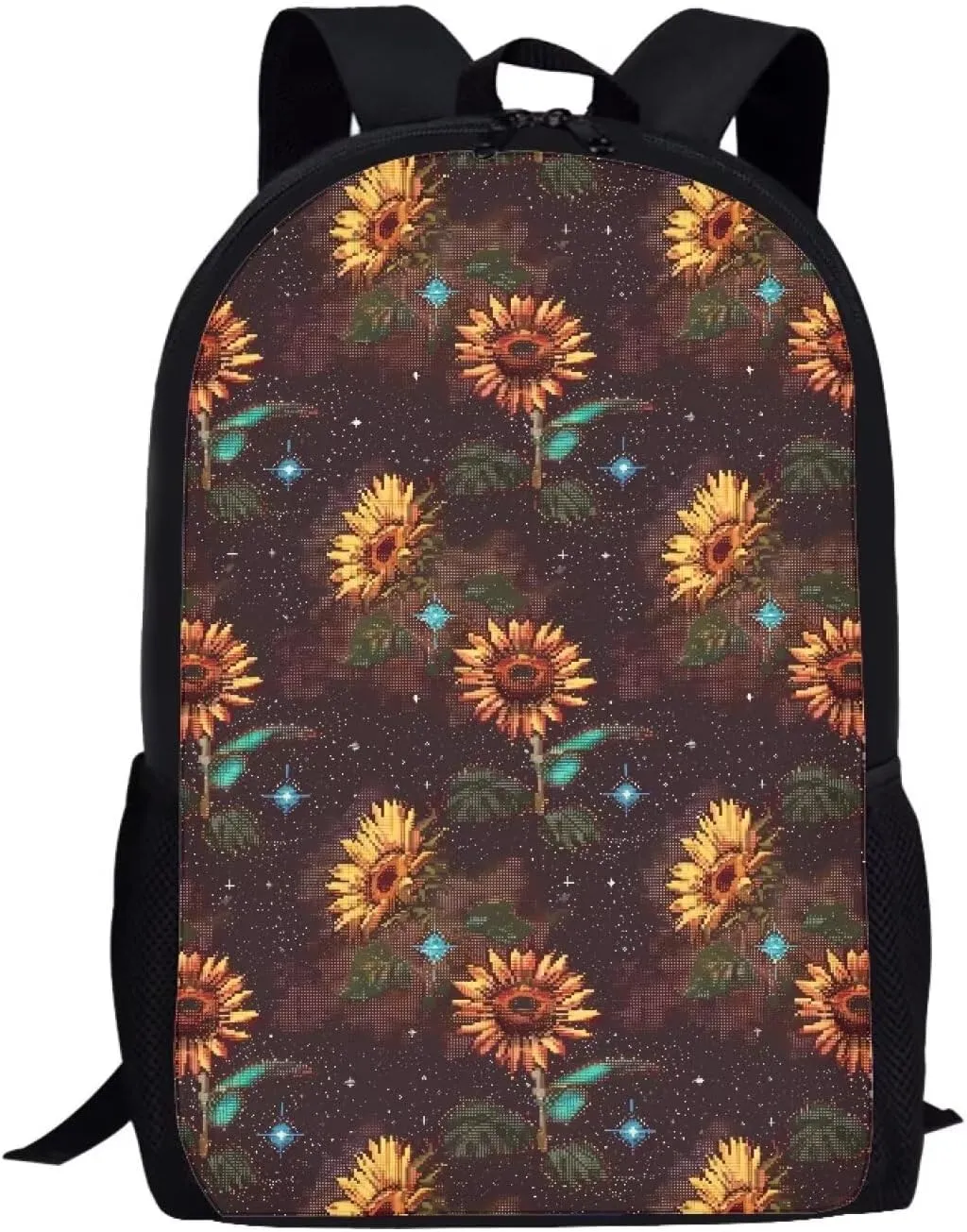 Brown Pixel Sunflowers B Print Trendy Pixel Print 17 Inch School Backpack，for Laptops Notebooks & Daily Essentials，for Teenager Girls Boys
