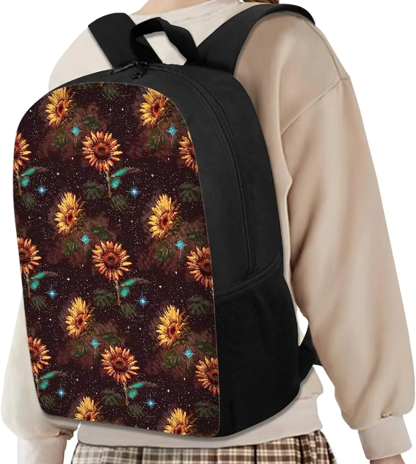 Brown Pixel Sunflowers B Print Trendy Pixel Print 17 Inch School Backpack，for Laptops Notebooks & Daily Essentials，for Teenager Girls Boys