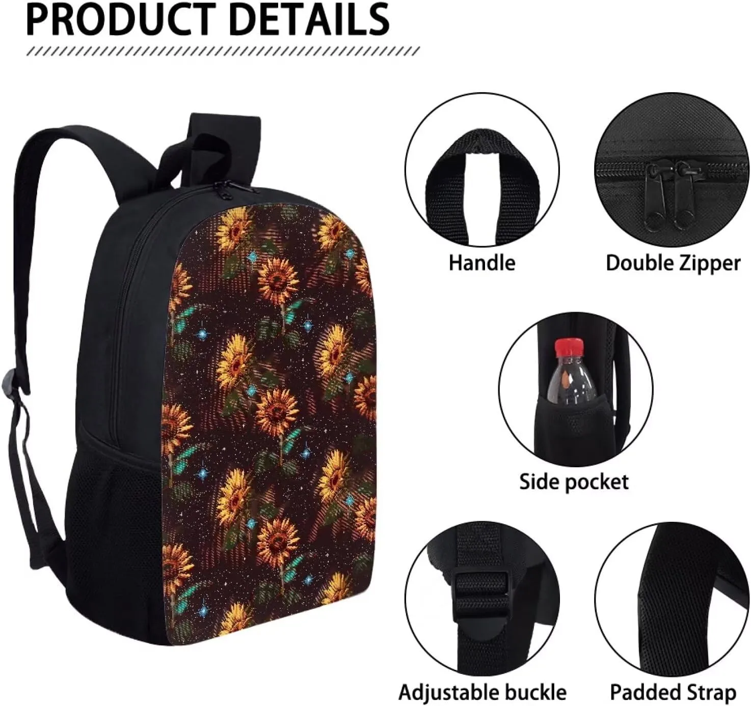 Brown Pixel Sunflowers B Print Trendy Pixel Print 17 Inch School Backpack，for Laptops Notebooks & Daily Essentials，for Teenager Girls Boys