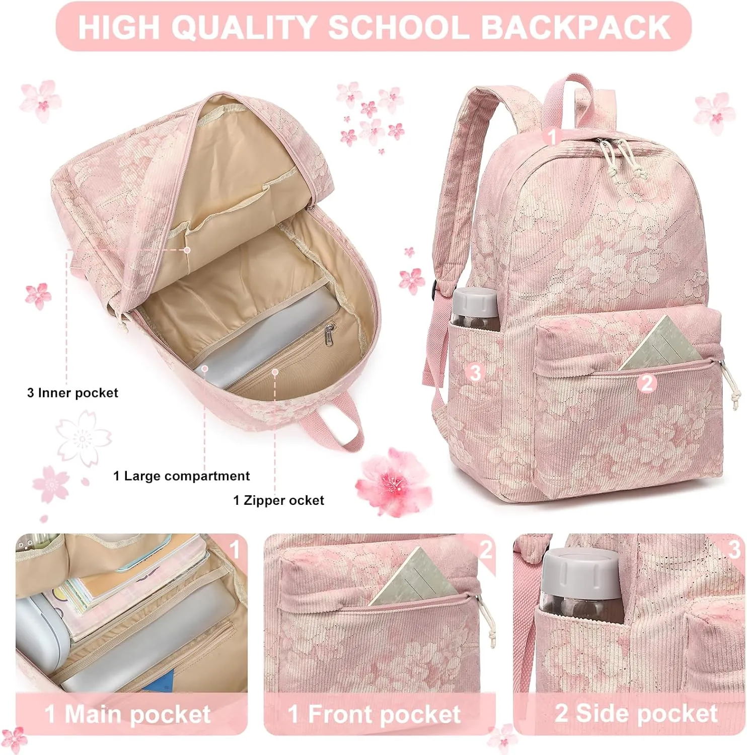 BTOOP School Backpack for Teens Large Corduroy Bookbag Lightweight Girls Boys Casual High School College 17 inch Laptop Travel Bag