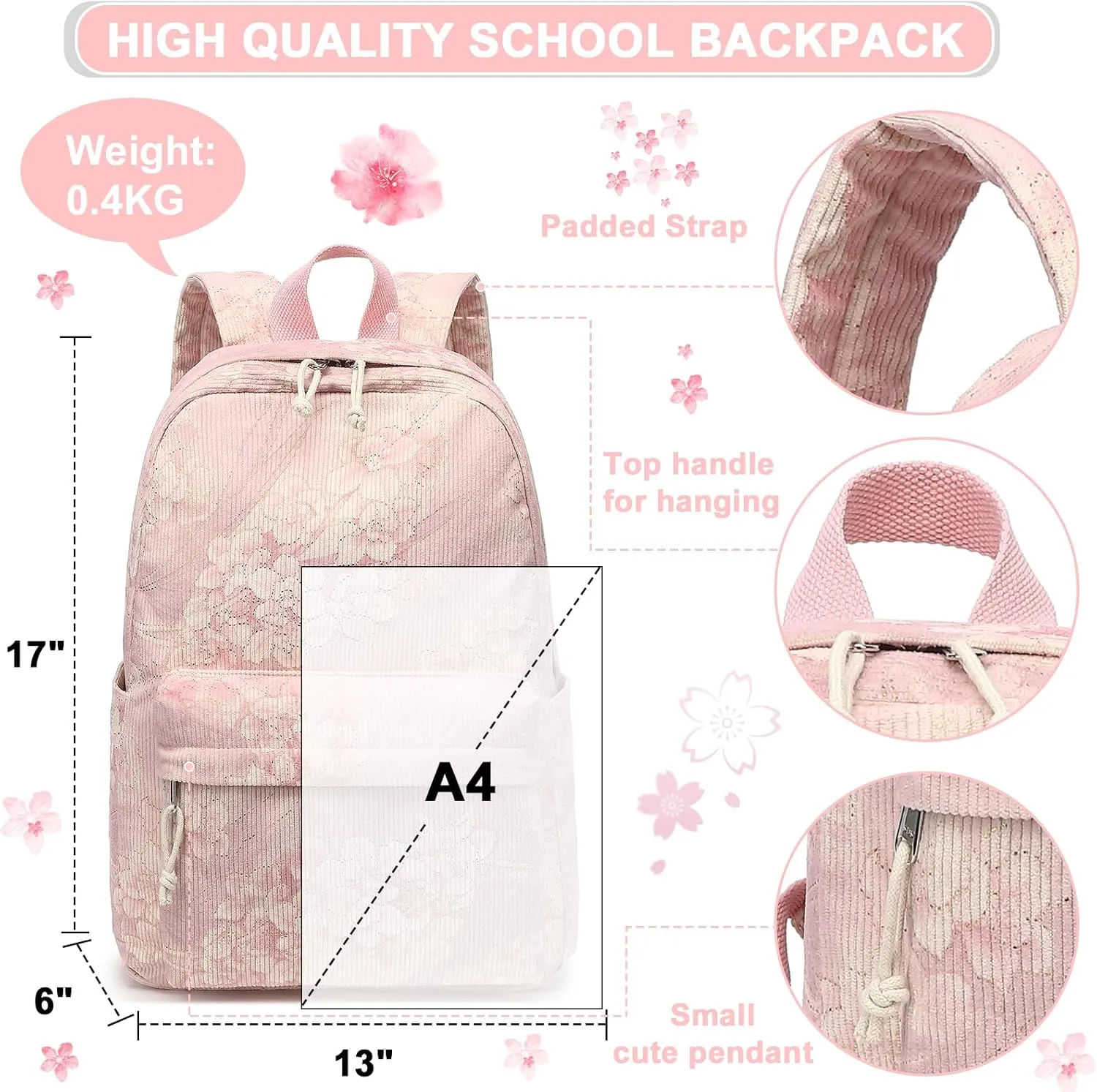 BTOOP School Backpack for Teens Large Corduroy Bookbag Lightweight Girls Boys Casual High School College 17 inch Laptop Travel Bag