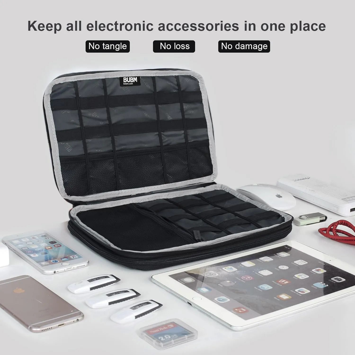 BUBM Double Layer Electronics Organizer, Travel Gadget Bag for Cables, Memory Cards, Flash Hard Drive and More, Fit for iPad or Tablet(up To 9.7")--Large, Gray