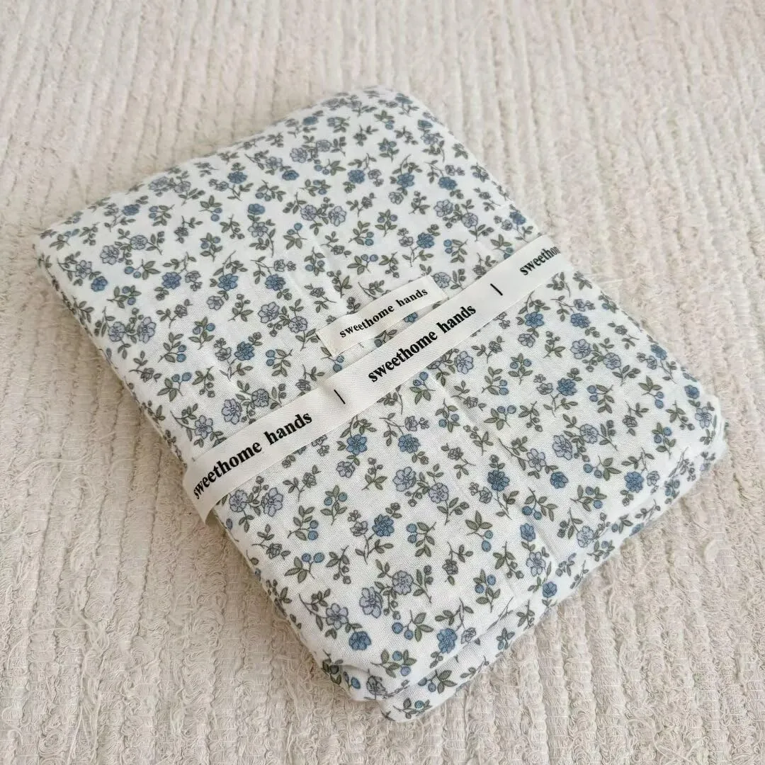 BuLuTu 100% Cotton Muslin Toddler Blanket for Girls Boys Shabby Chic Blue Floral Baby Blanket Soft Lightweight Toddler Bed Blankets Gauze Cotton Crib Quilt, 1 pc, 47"x51"
