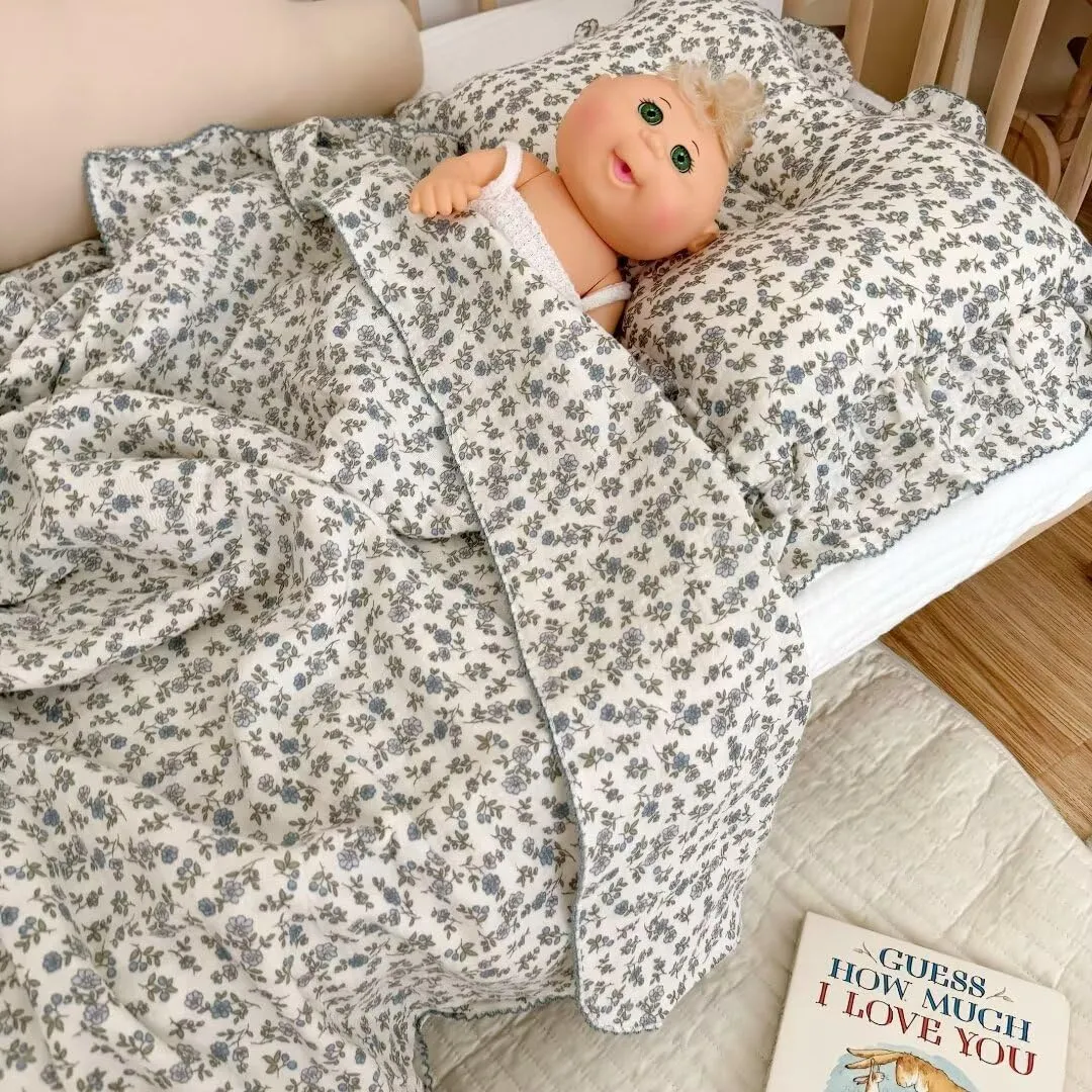 BuLuTu 100% Cotton Muslin Toddler Blanket for Girls Boys Shabby Chic Blue Floral Baby Blanket Soft Lightweight Toddler Bed Blankets Gauze Cotton Crib Quilt, 1 pc, 47"x51"